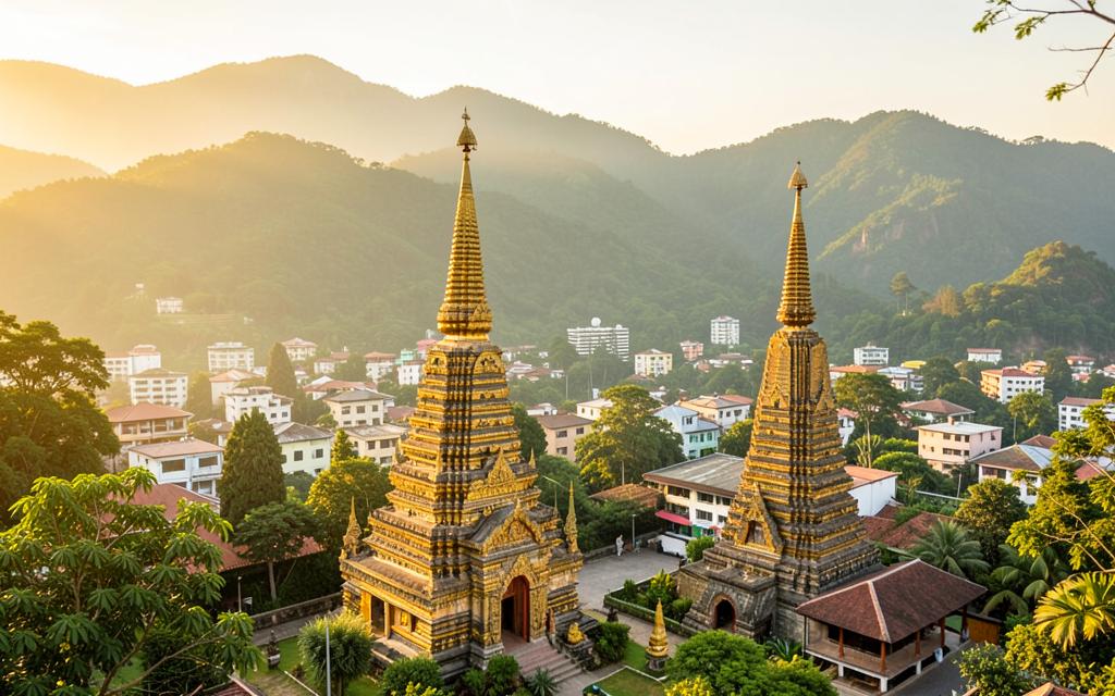 Temples and mountain skyline in Chiang Mai, Thailand